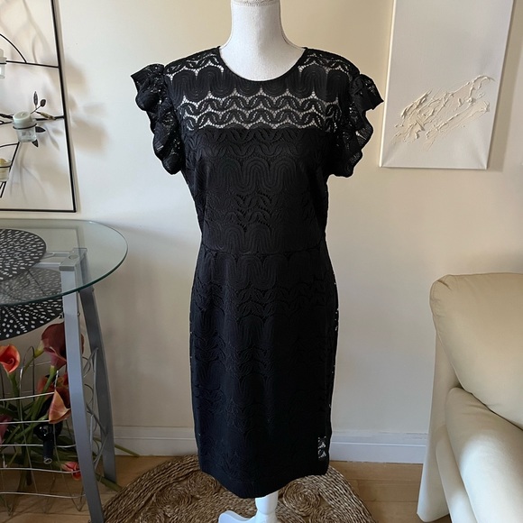 Trina Trina Turk Mai Tai Flutter Sleeve Lace Mini Little Black Dress Size 12 NWT - Picture 8 of 11
